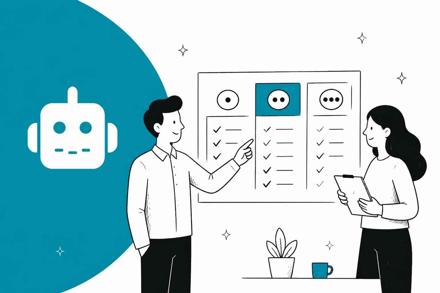 Two people comparing three pricing tiers next to the DocsBot robot mark