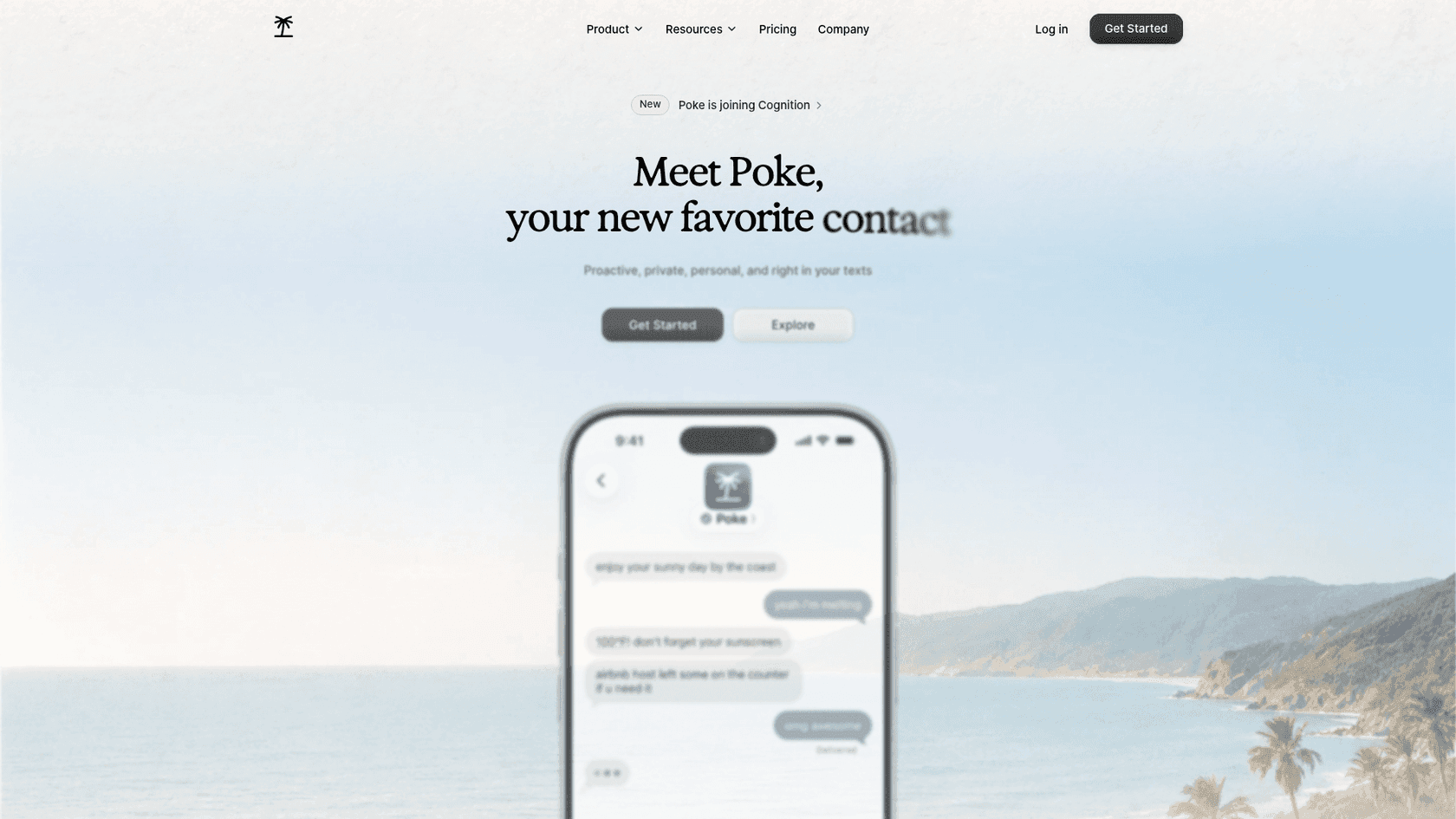 Poke's homepage headlined "Meet Poke, your new favorite contact" with a "Poke is joining Cognition" banner and a phone showing a casual iMessage thread with Poke, as captured from poke.com