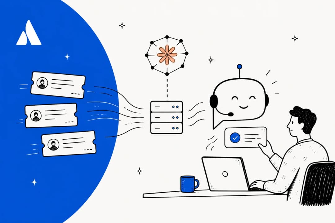 Illustration of Jira Service Management tickets flowing through an MCP server into an AI assistant