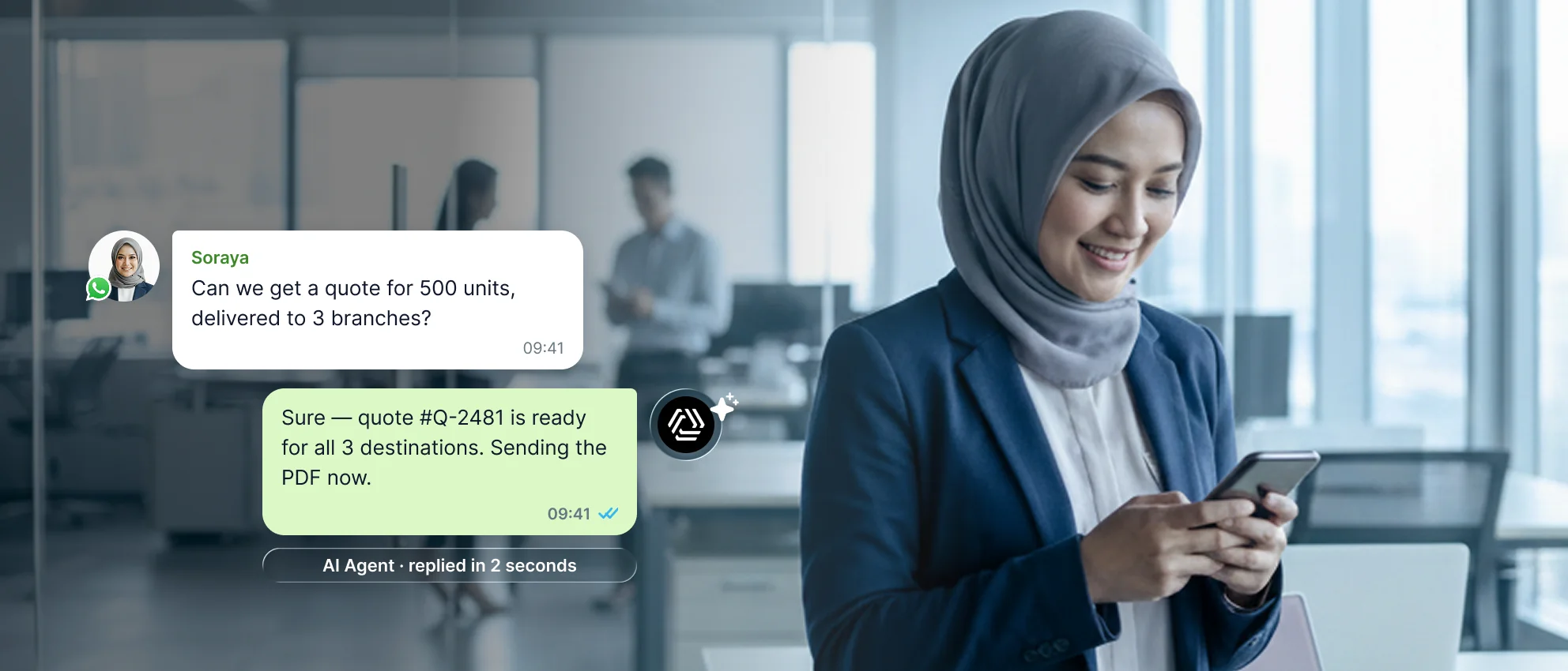The Qiscus AI Agent answering a WhatsApp quote request in two seconds, as taken from Qiscus