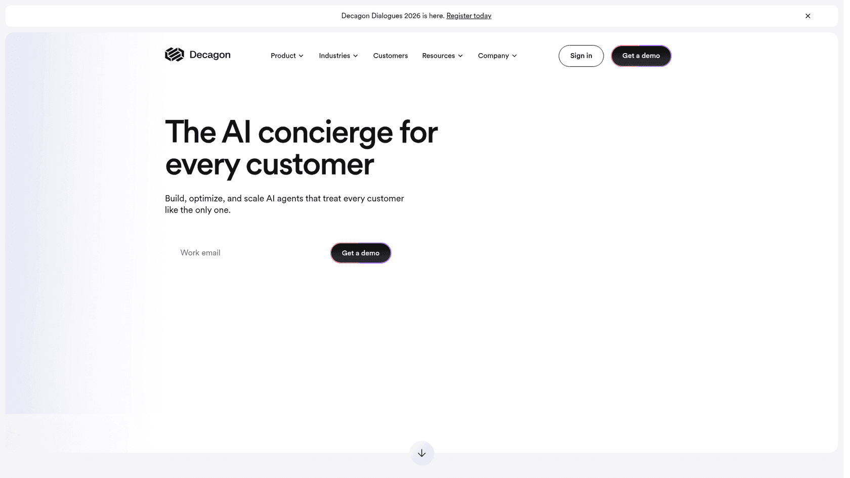 The Decagon homepage, positioning the product as an AI concierge for every customer, as taken from Decagon