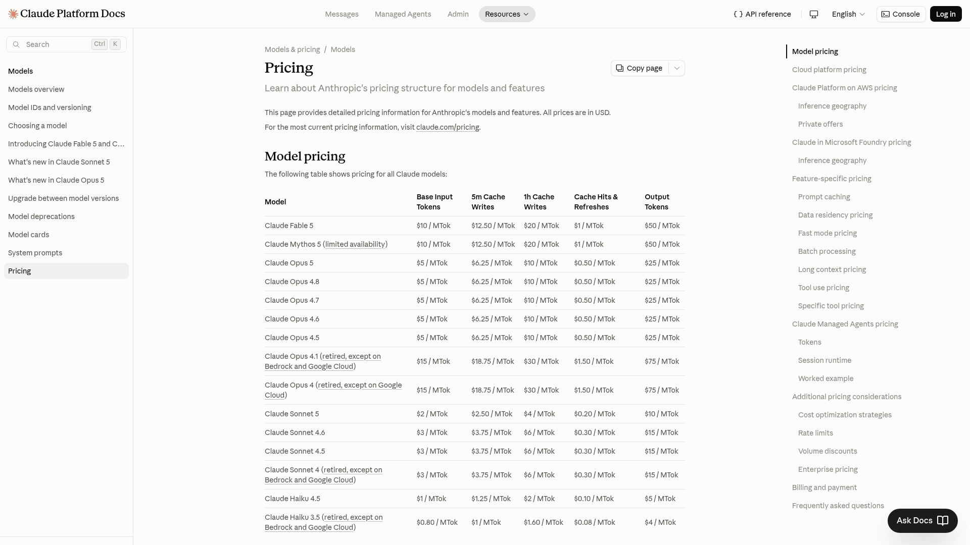 Anthropic's model pricing table in the Claude Platform docs, listing every current Claude model with cache and output rates