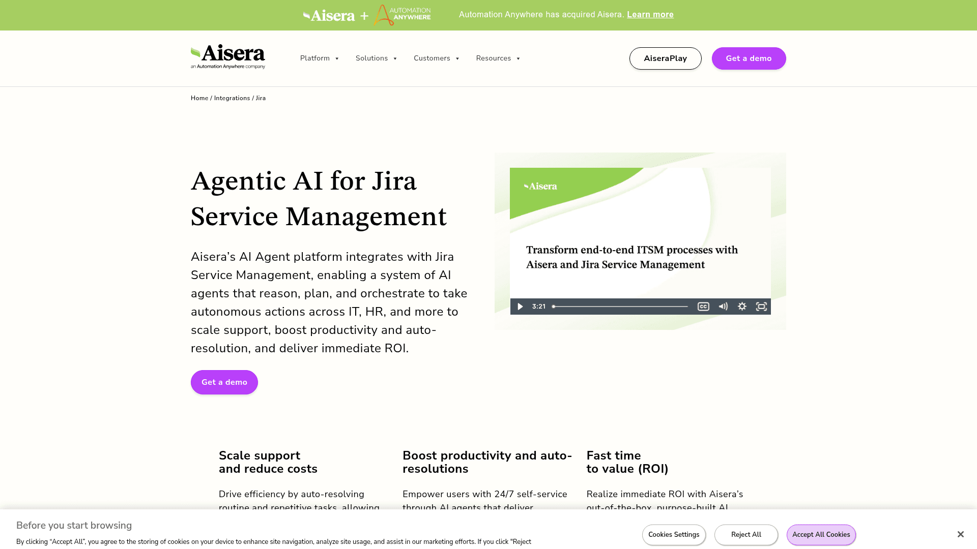 Aisera's Agentic AI for Jira Service Management page with a video about ITSM processes