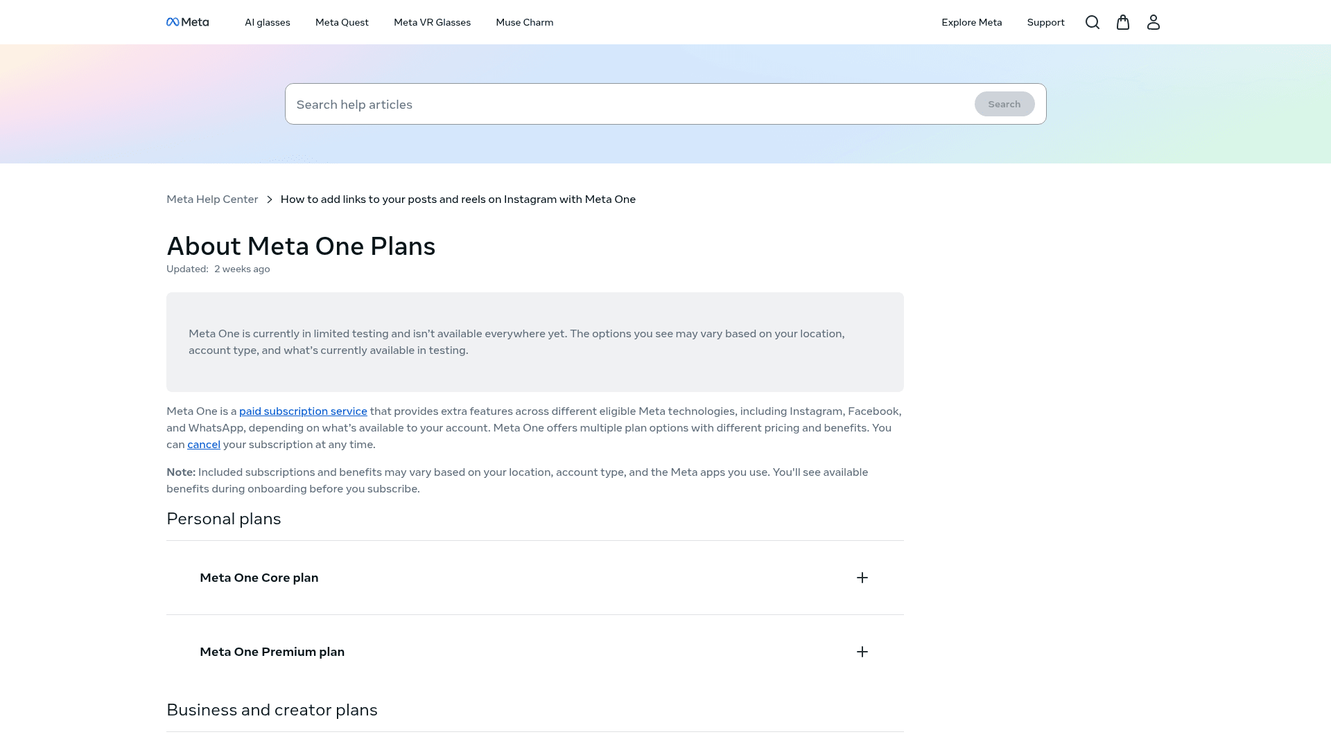 Meta's About Meta One Plans help page showing personal plans and a business and creator plans section, with a note that Meta One is in limited testing, as taken from Meta Help Center