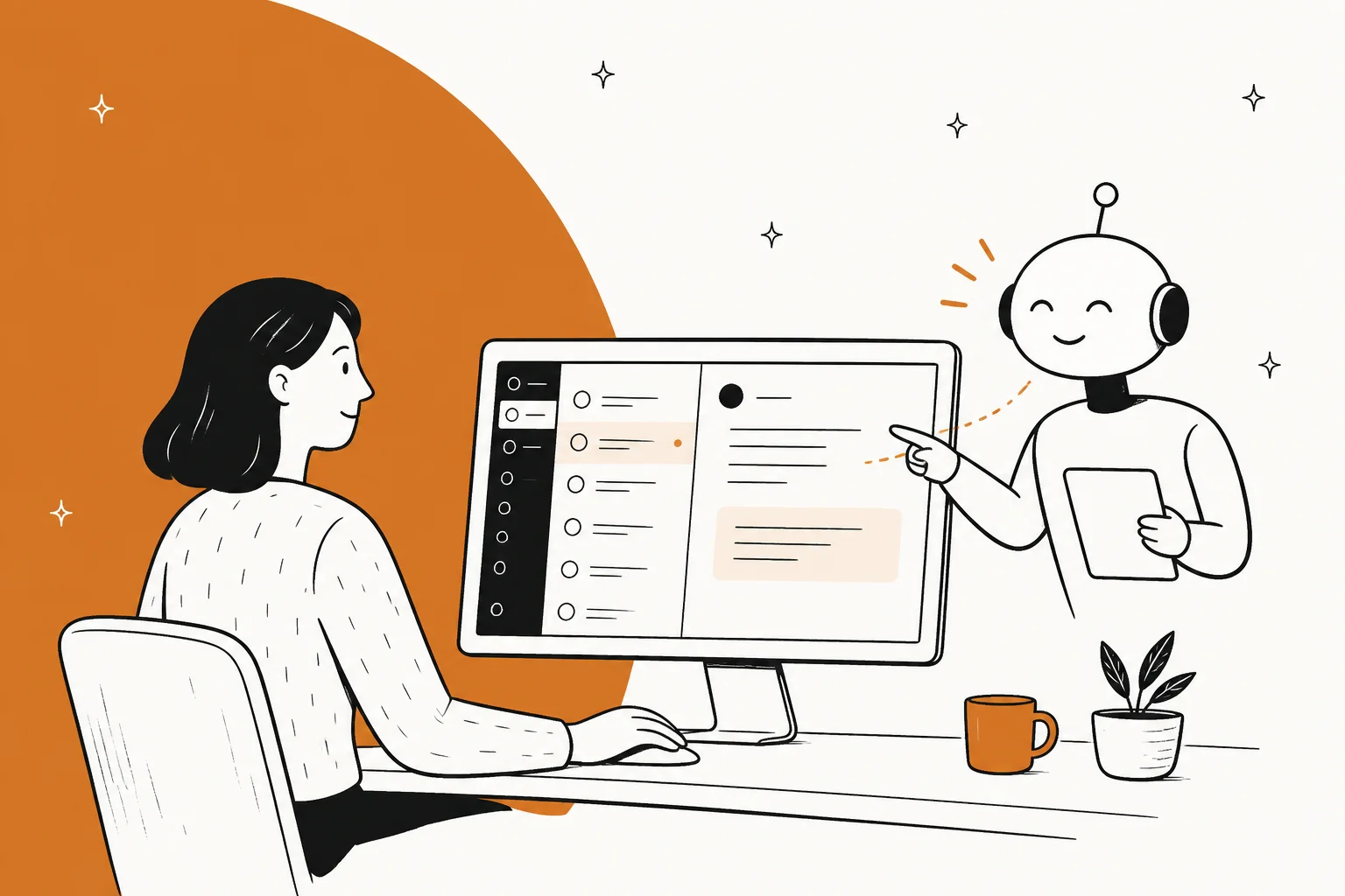Illustration of a support agent and an AI teammate working together on a helpdesk inbox