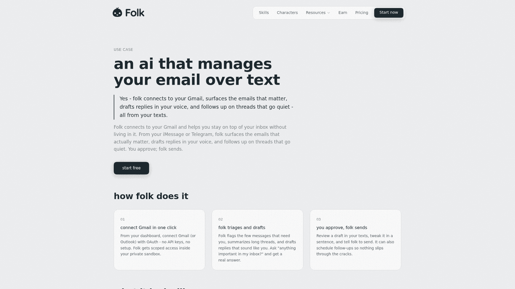 Folk's email use case page headlined "an ai that manages your email over text," with three steps: connect Gmail in one click, folk triages and drafts, and you approve, folk sends, as taken from folk.com