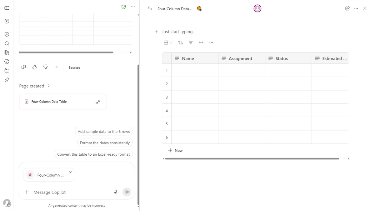 Copilot Chat on the left and a Copilot Page with a four-column table on the right, side by side in the Microsoft Copilot app, as taken from Microsoft Support