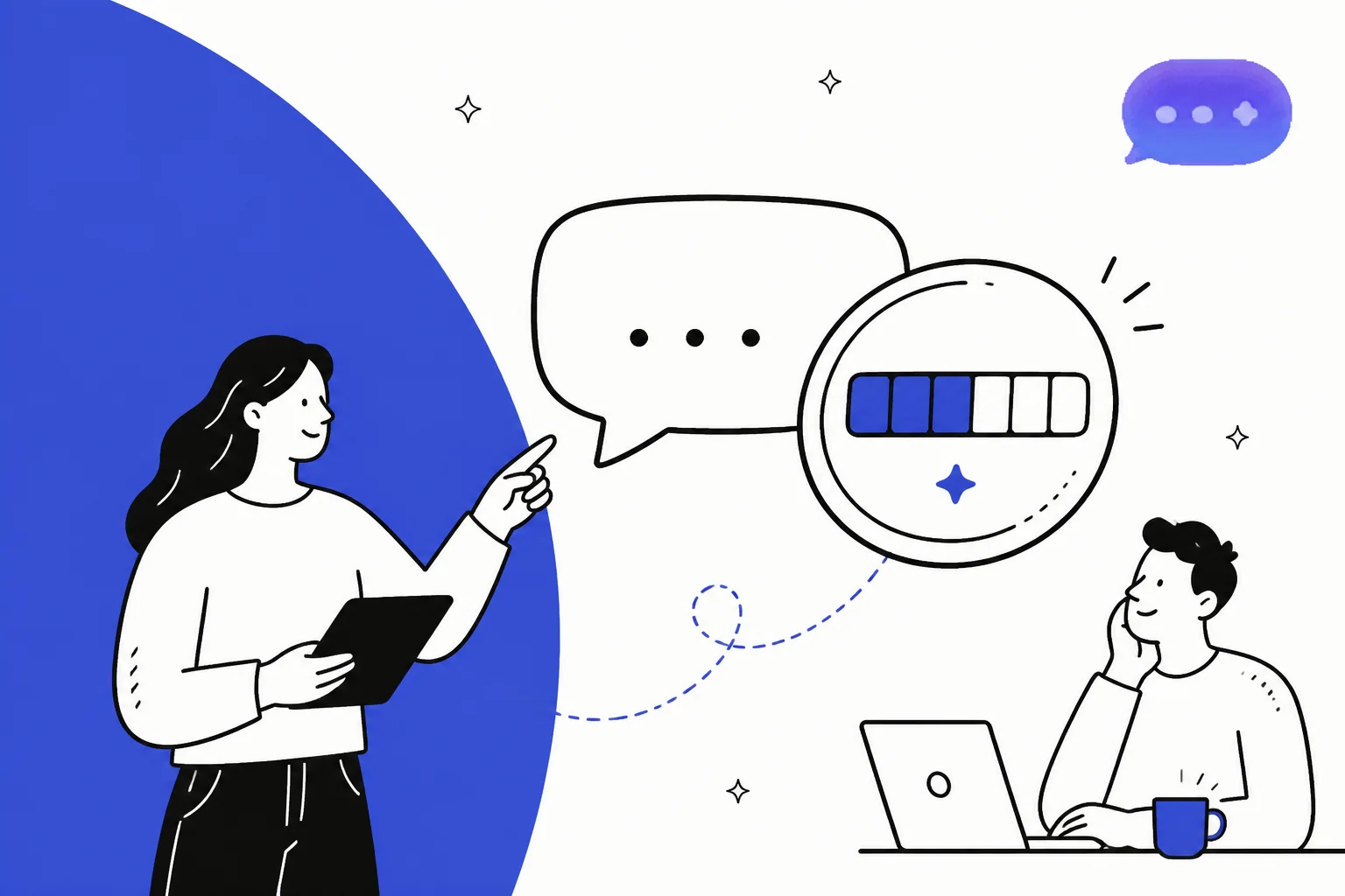 A hand-drawn message credit meter running down next to a chat bubble, illustrating how Wonderchat pricing is metered
