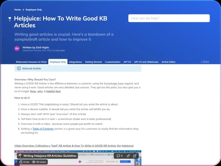A published Helpjuice knowledge base article with the internal-only badge and category navigation, as taken from Helpjuice