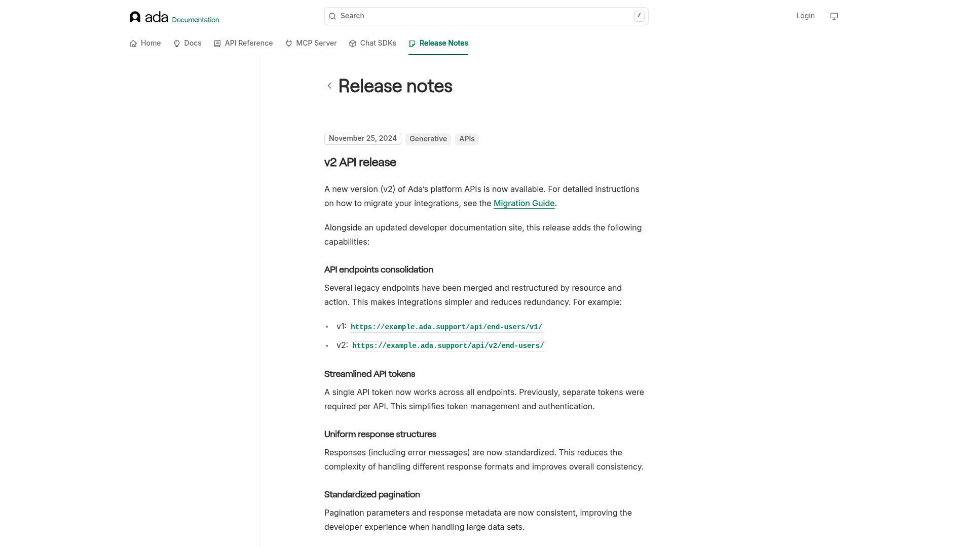 Ada's own documentation showing the v2 API release notes and the v1-to-v2 endpoint mapping, as taken from Ada's docs