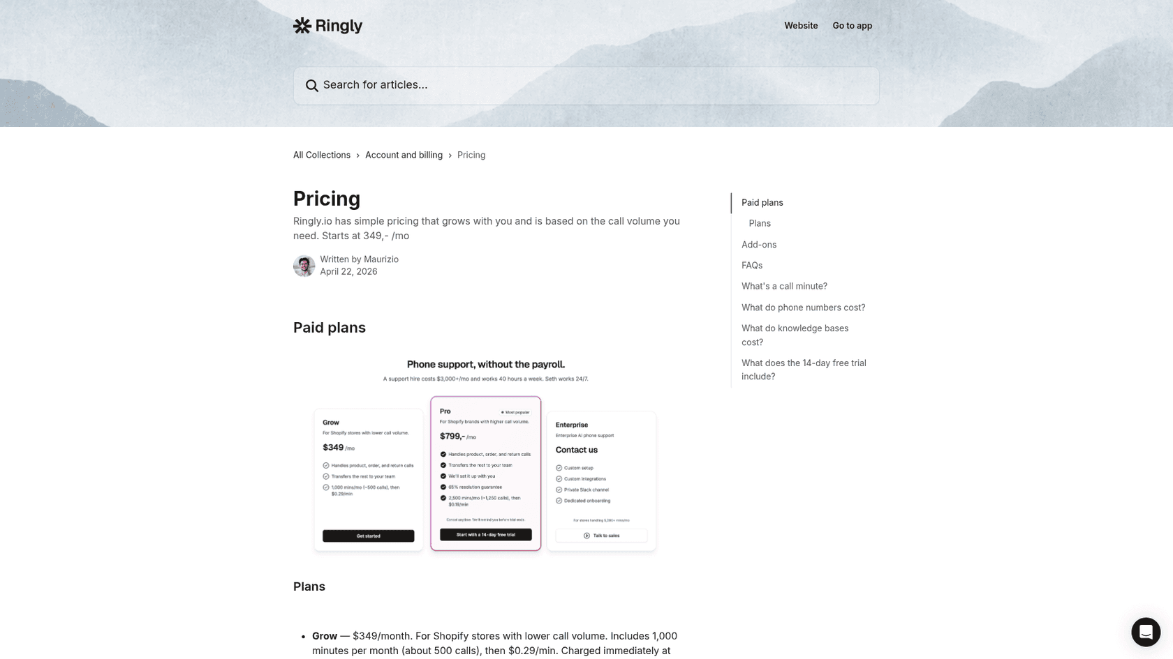 The Ringly help center pricing article, written by founder Maurizio in April 2026, listing the plans and the trial rules