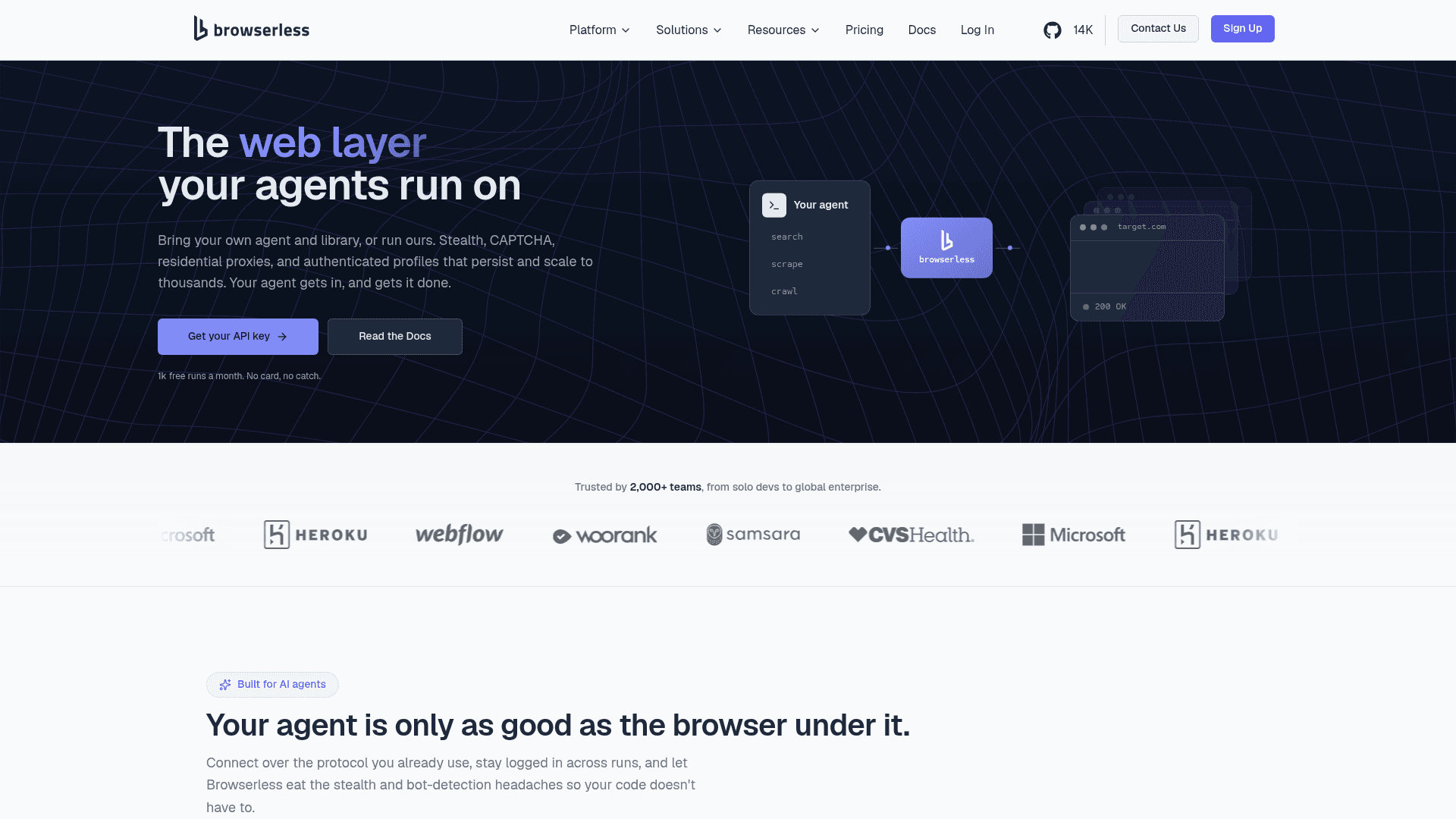 Browserless homepage showing its browser automation platform and unit-based plans, as taken from Browserless
