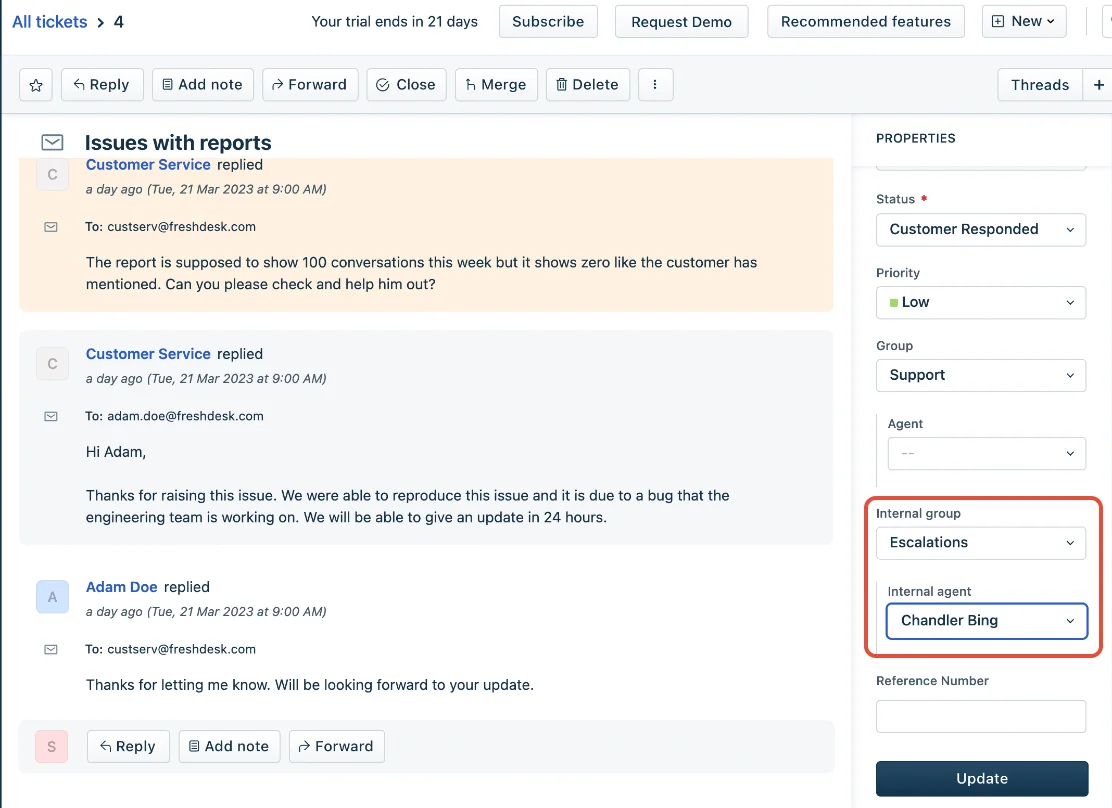 A Freshdesk ticket properties panel with the Internal group set to Escalations and an internal agent assigned, while the status shows Customer Responded, as taken from Freshdesk's help center