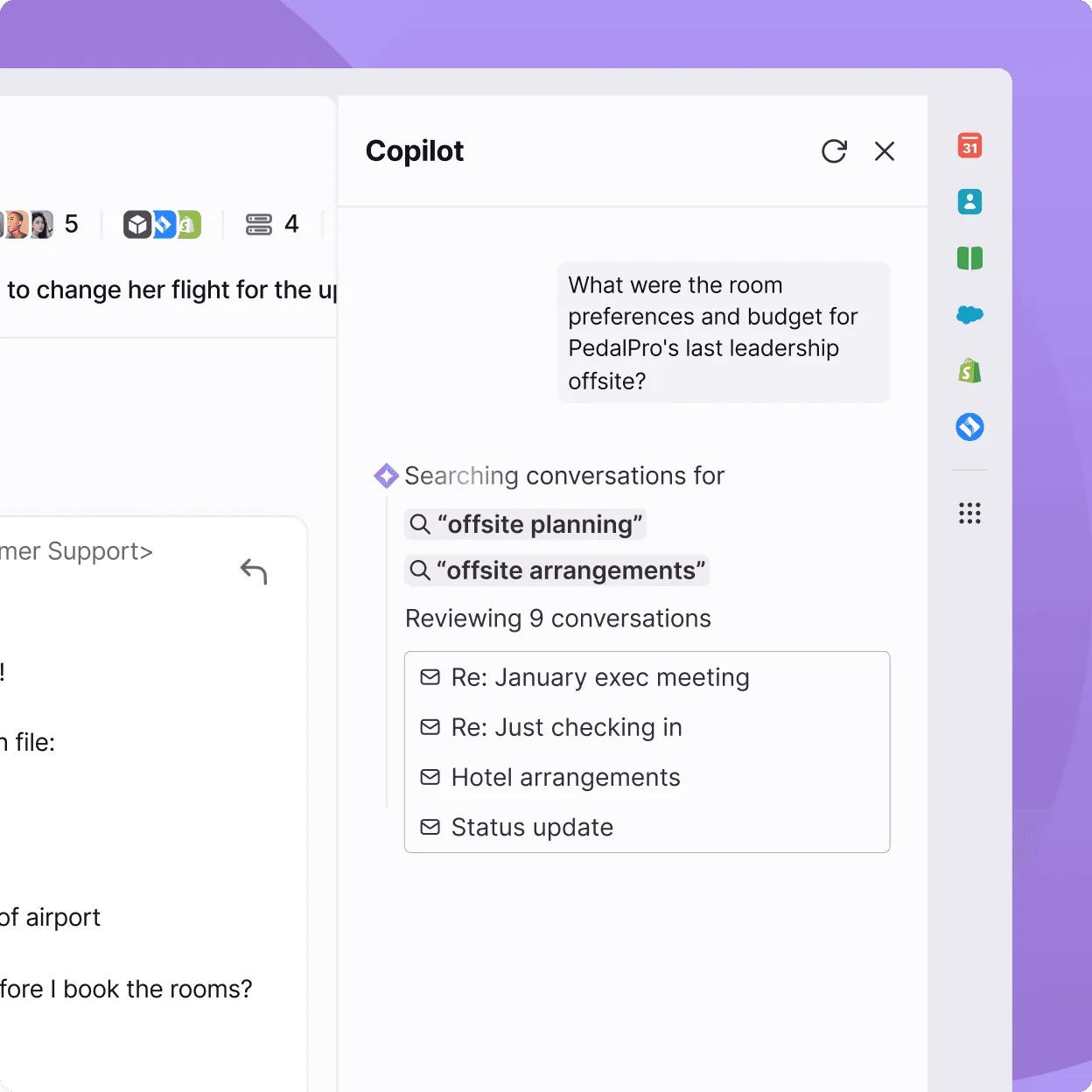 Front Copilot searching past conversations to answer an agent's question inside a ticket, as seen in Front