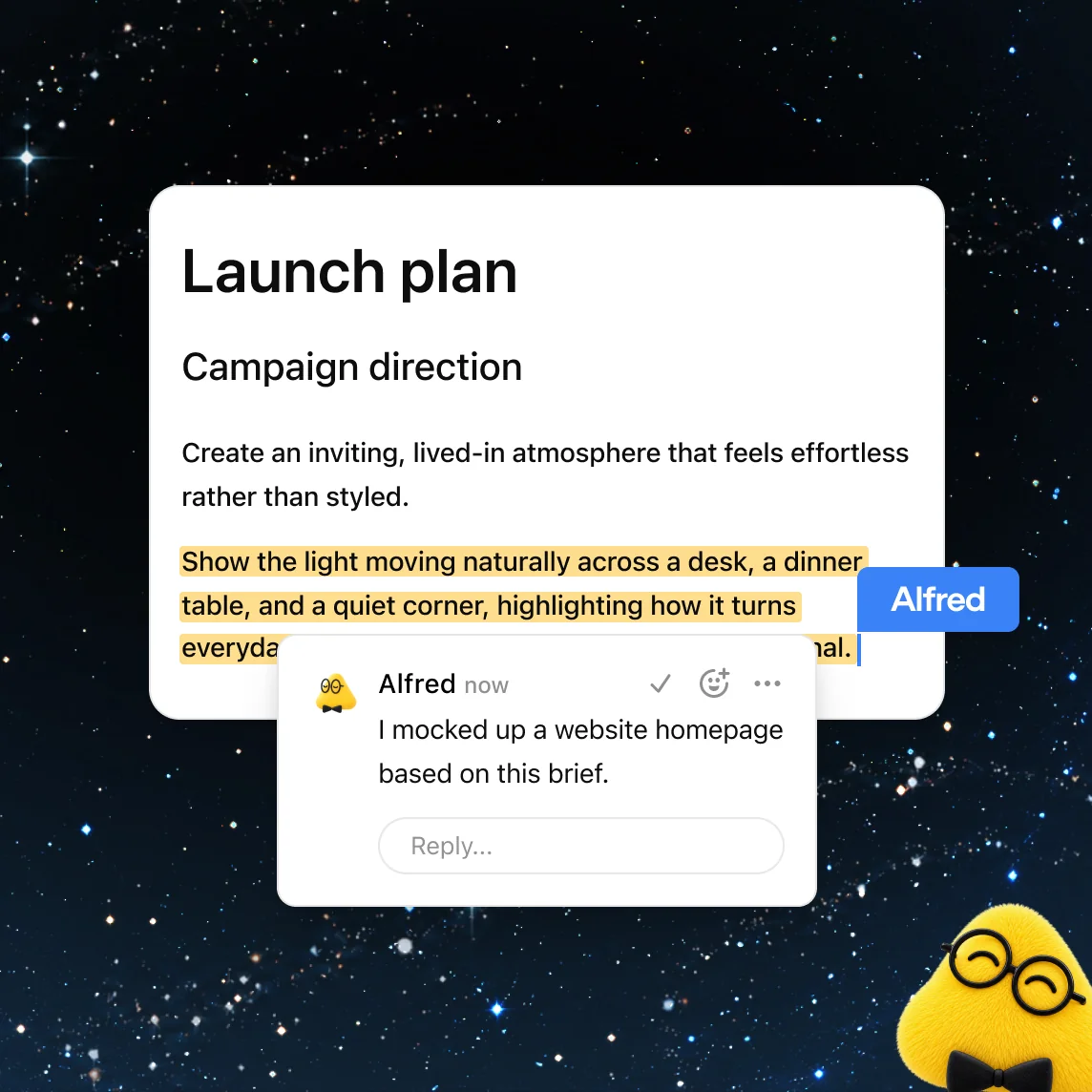 A launch plan page where the dot Alfred highlighted campaign text and commented that it mocked up a website homepage, as taken from the ChatGPT Space feature page