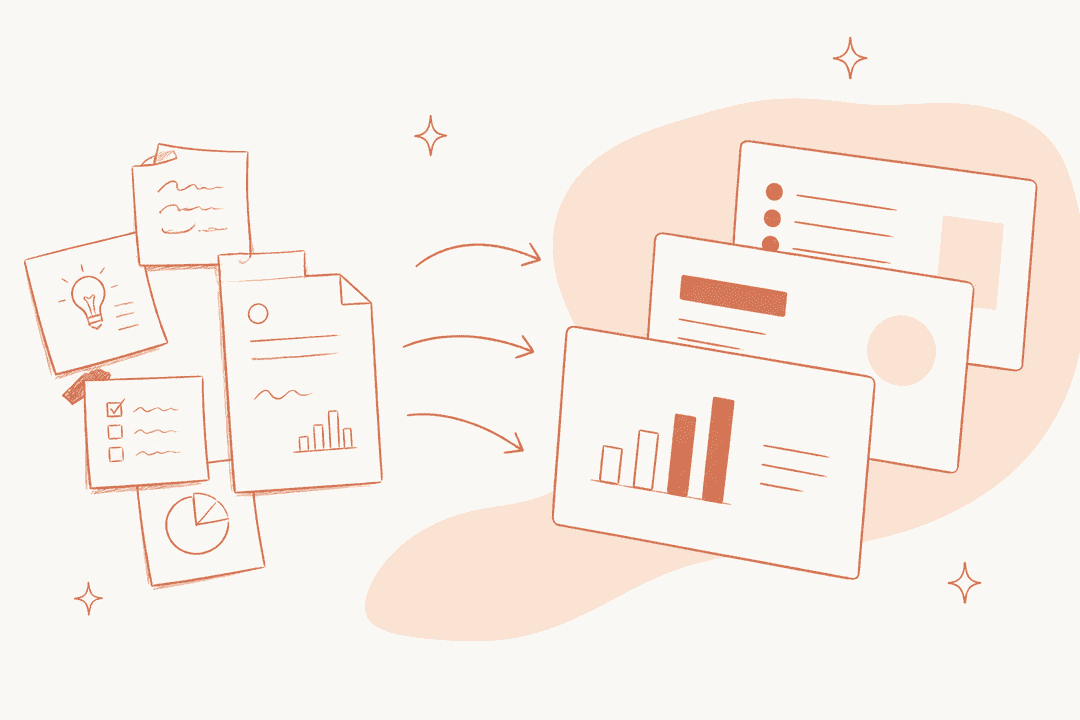 Rough notes and a report flowing into three polished presentation slides