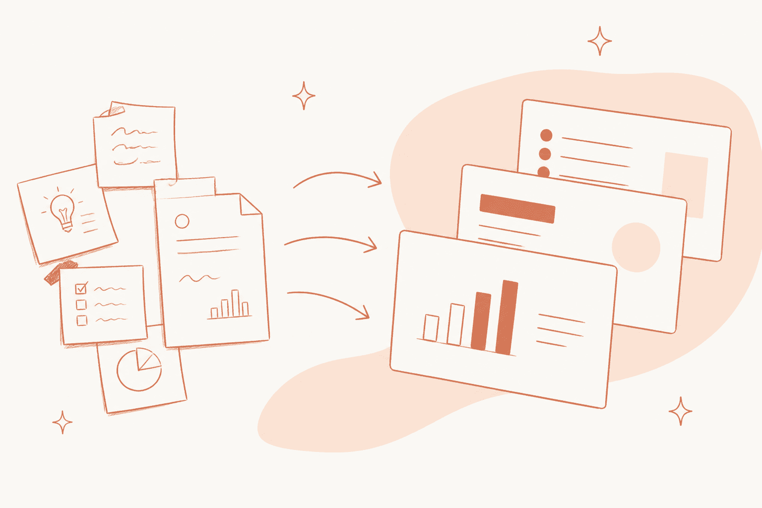 Rough notes and a report flowing into three polished presentation slides