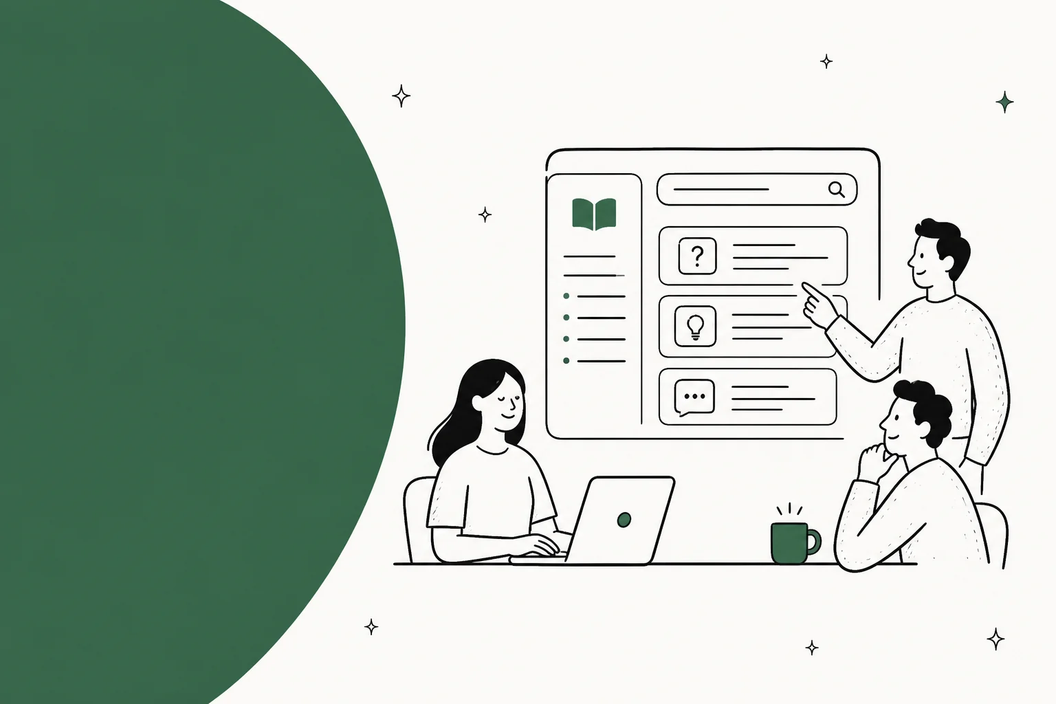 Illustration of a team reviewing an online knowledge base help center on a shared screen