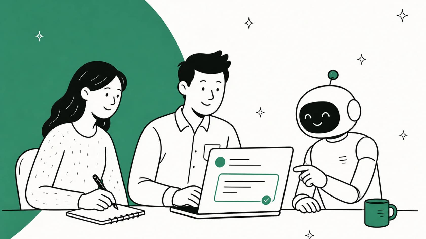 Hand-drawn illustration of a new support agent at a laptop with a senior teammate and an AI helper checking a draft reply