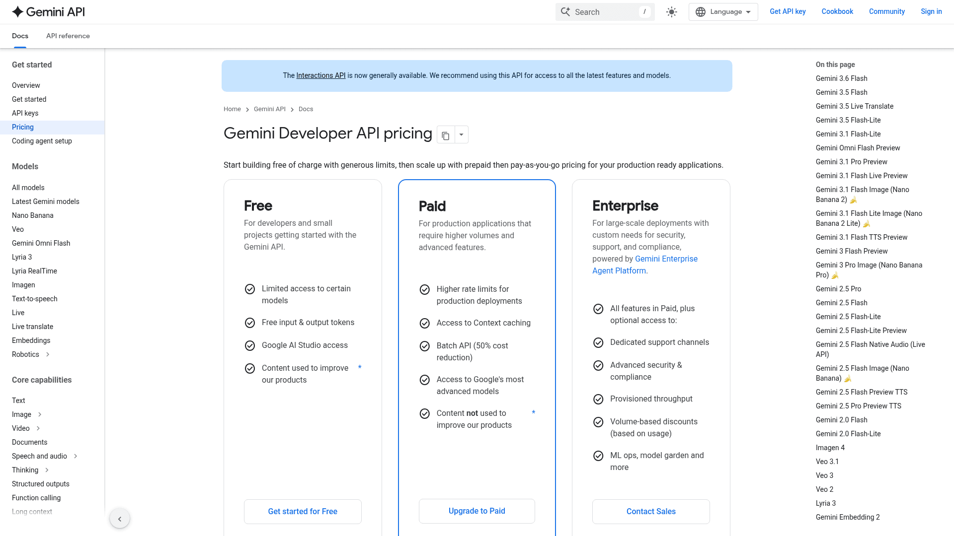 Google's Gemini Developer API pricing page showing the free, paid and enterprise tiers, as taken from Google's AI developer docs