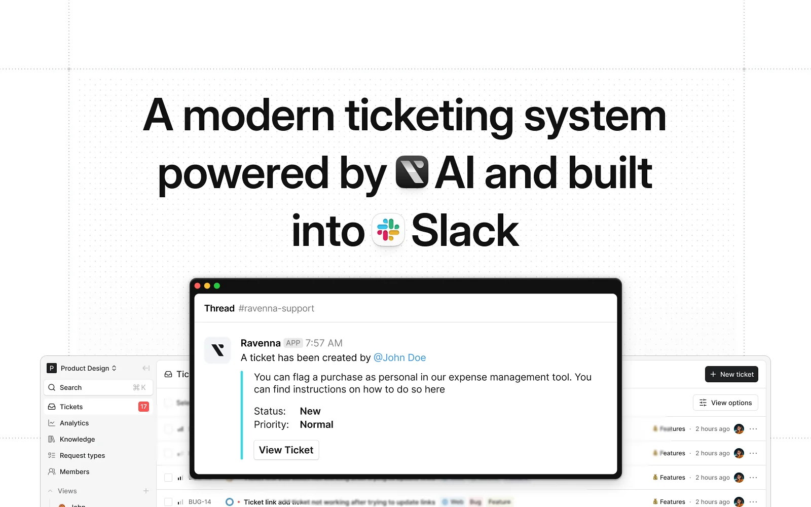 Ravenna turning a Slack thread into a tracked ticket, with the admin queue behind it, as taken from the Ravenna listing on the Slack Marketplace