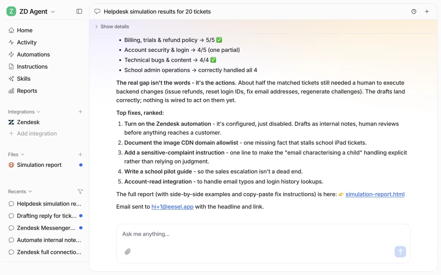 eesel simulation report listing scores by ticket theme and five ranked fixes, such as turning on drafts as internal notes and adding a sensitive-complaint instruction