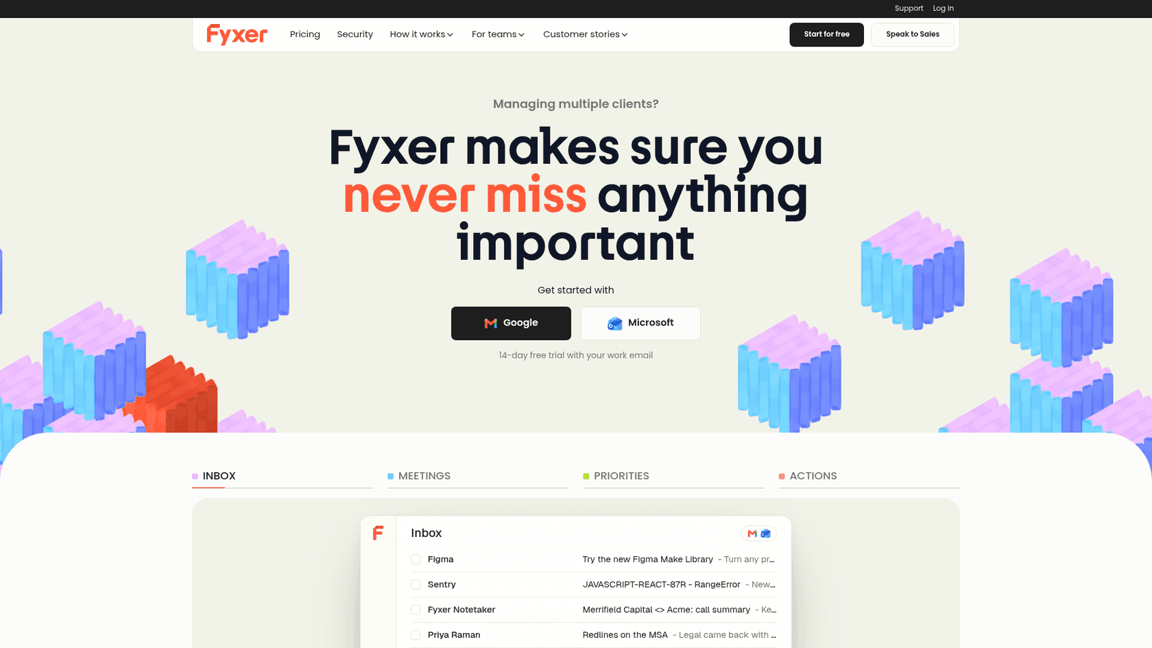 Fyxer's homepage headlined "Fyxer makes sure you never miss anything important," with Google and Microsoft sign-up buttons and an inbox preview with Inbox, Meetings, Priorities and Actions tabs, as captured from fyxer.com