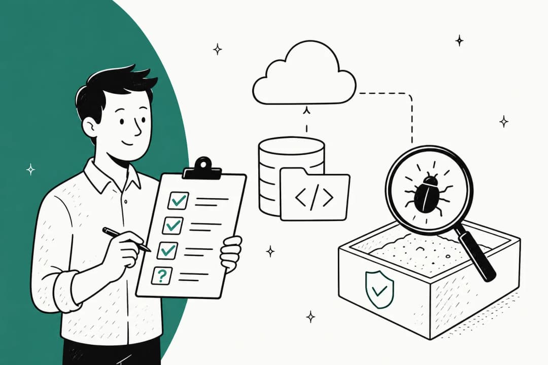 Hand-drawn illustration of a reviewer holding a scorecard with three ticks and a question mark, next to a cloud-connected code repository and a magnifying glass over a bug inside a shielded sandbox box