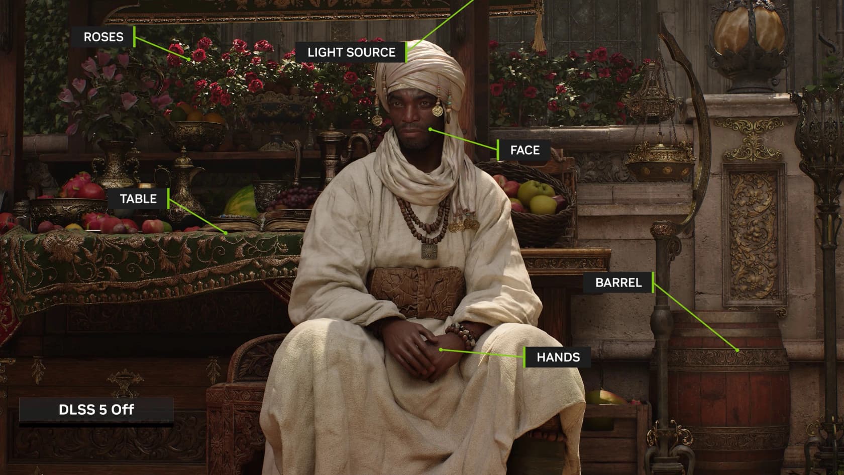 DLSS 5 recognizes object-level scene semantics like faces, hands, and light sources, as shown by NVIDIA