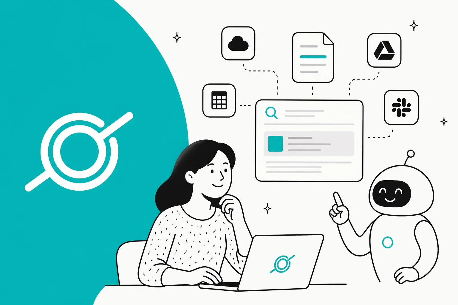 Illustration of an employee searching across connected company apps with an AI assistant beside them