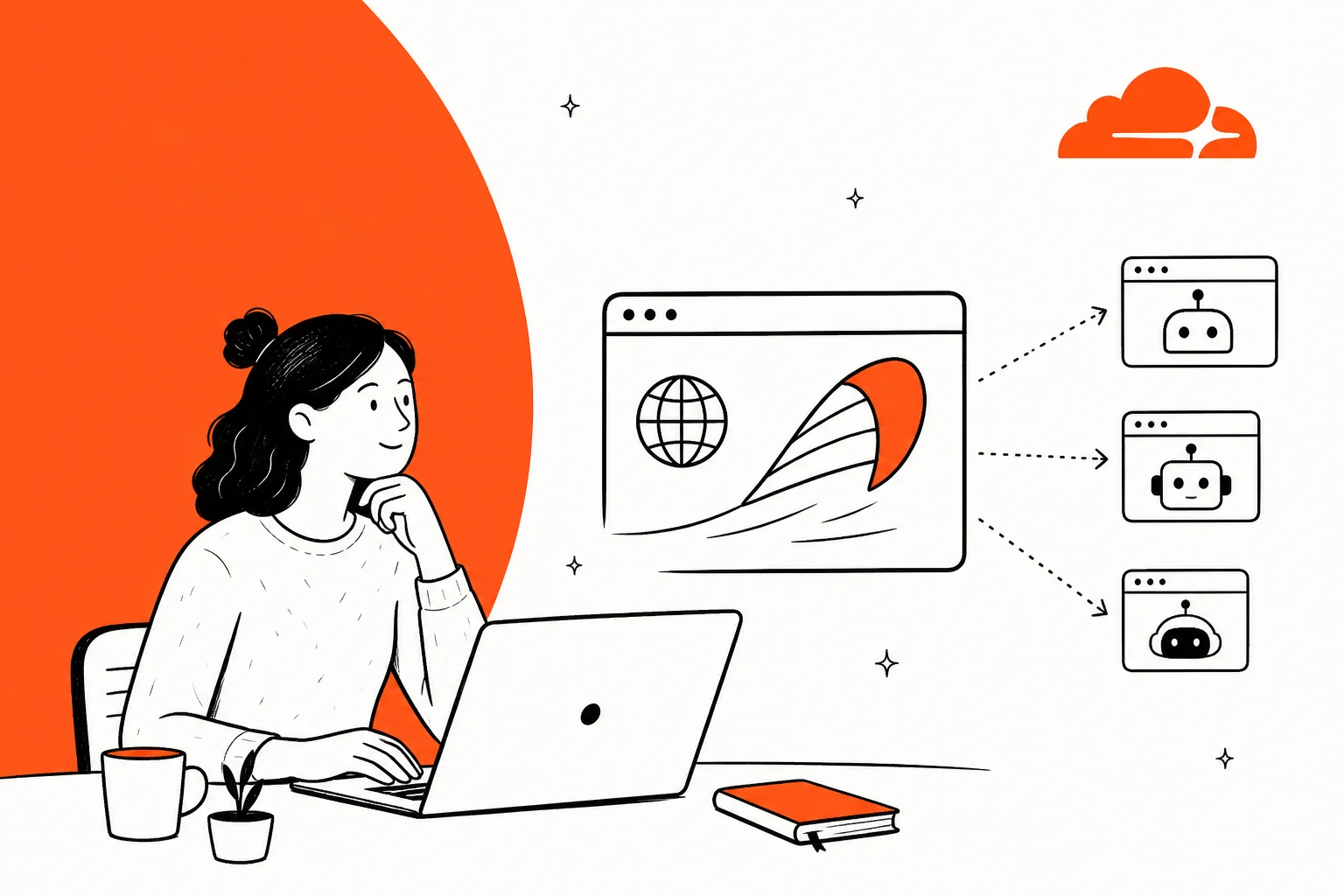 Illustration of a person at a laptop watching a browser window with a kite sail feeding three small agent windows
