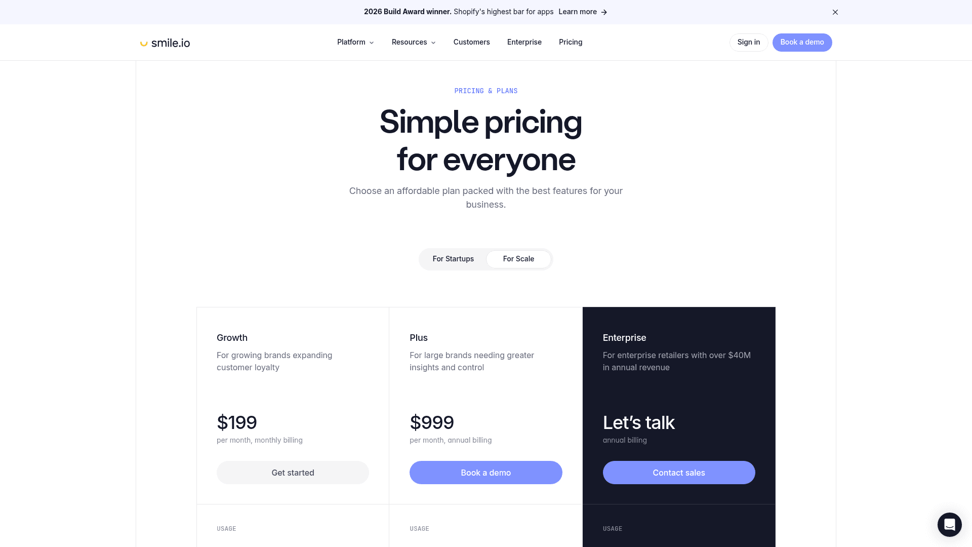 The Smile.io pricing page showing Free, Essential, Standard, Growth, Plus and Enterprise loyalty tiers