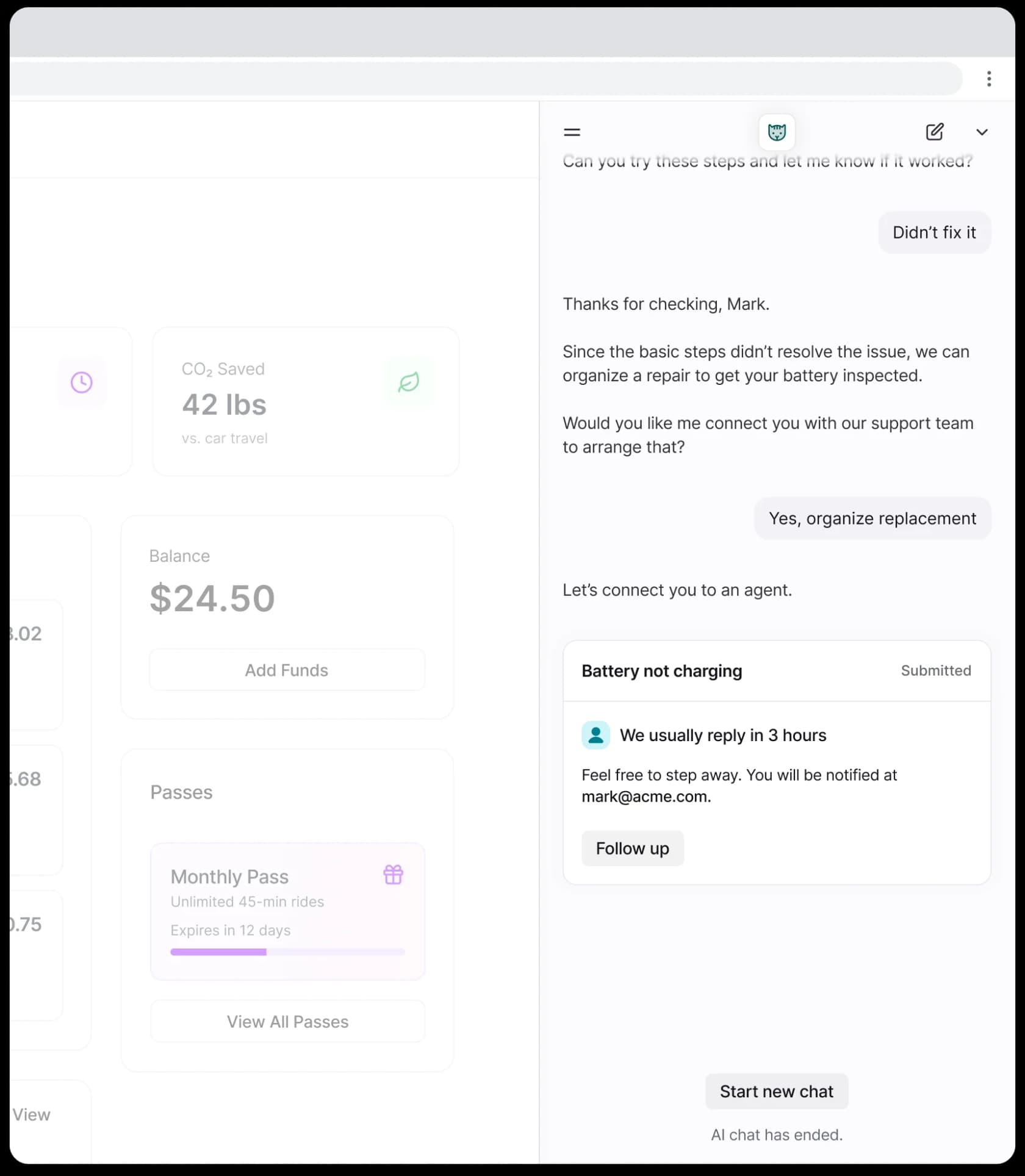 Front Autopilot chat where the assistant offers to organise a repair, the customer accepts, and the bot creates a Battery not charging conversation with a we usually reply in 3 hours notice before handing to an agent, as taken from Front