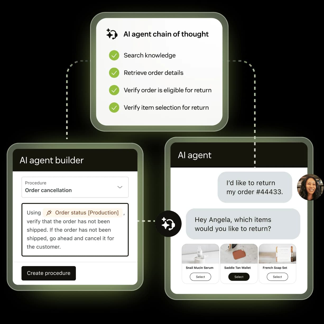 Zendesk AI agent showing its chain of thought, the agent builder procedure, and a live customer conversation, as taken from Zendesk