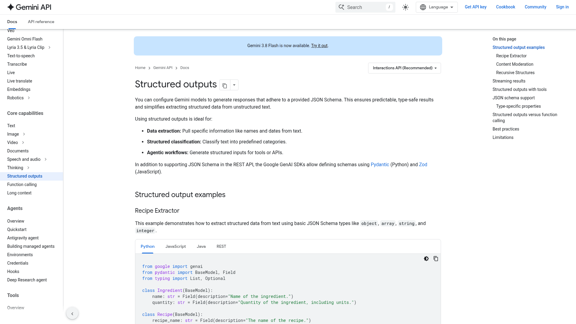 Gemini API structured outputs documentation, listing data extraction and structured classification use cases, as shown on ai.google.dev
