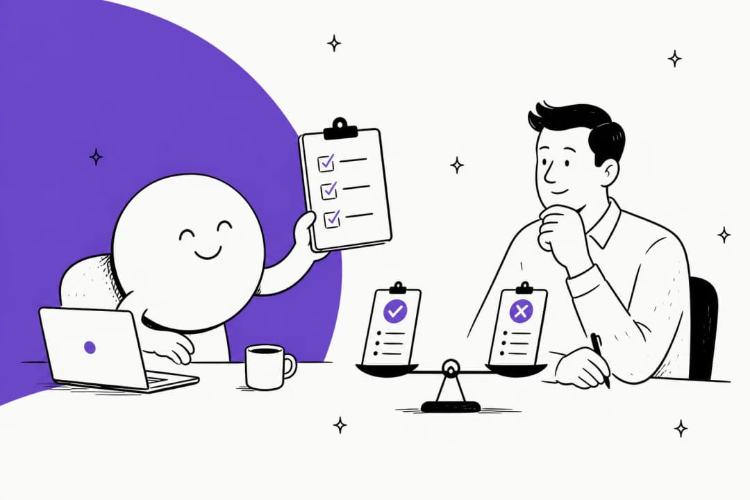 Hand-drawn illustration of a round, smiling dot character at a laptop holding up a checklist for approval while a person weighs a pros and cons scale