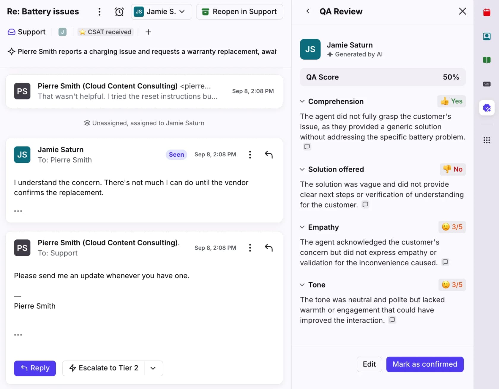 Front Smart QA review in the conversation sidebar showing a 50% QA score with Comprehension, Solution offered, Empathy and Tone ratings and AI explanations, as taken from Front