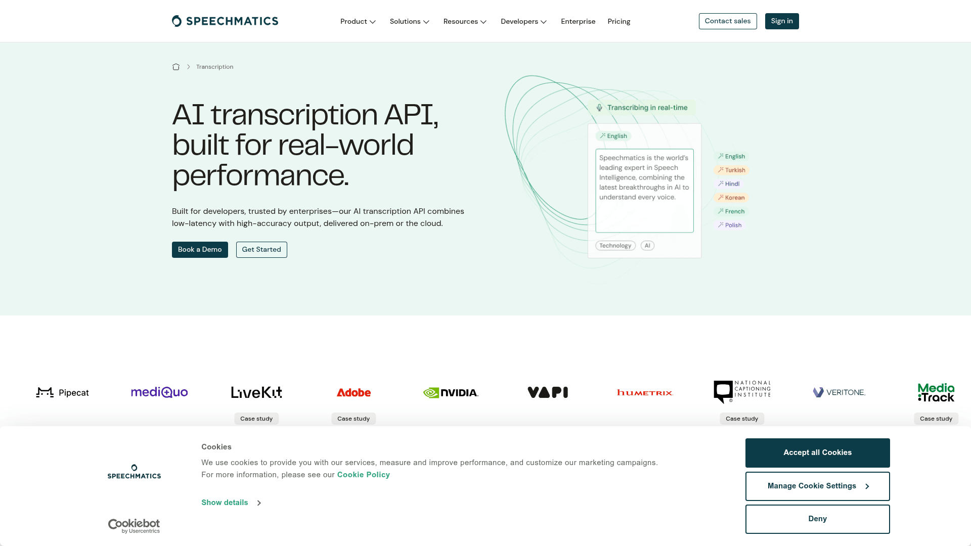 The Speechmatics transcription product page, as taken from Speechmatics