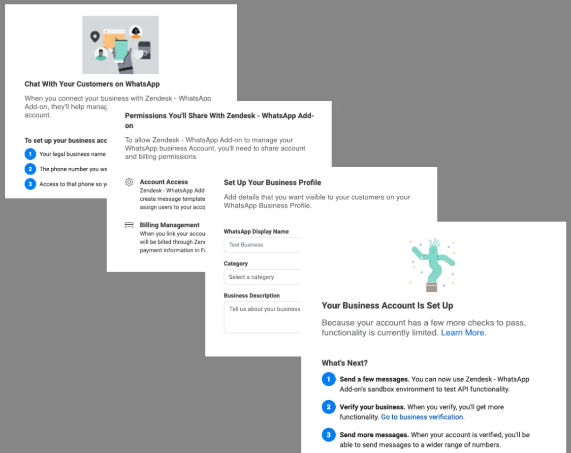 Meta's embedded signup flow for the Zendesk WhatsApp add-on, as shown in Zendesk's help center