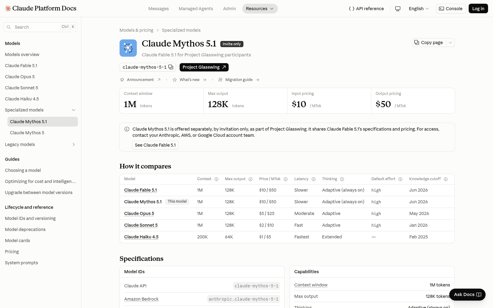 The Claude Mythos 5.1 model page in Anthropic's platform docs showing pricing and specifications, as taken from Claude Platform Docs