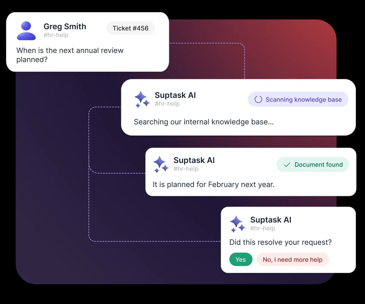 Suptask AI answering an HR question by scanning the internal knowledge base and confirming the answer, as shown on the Suptask site