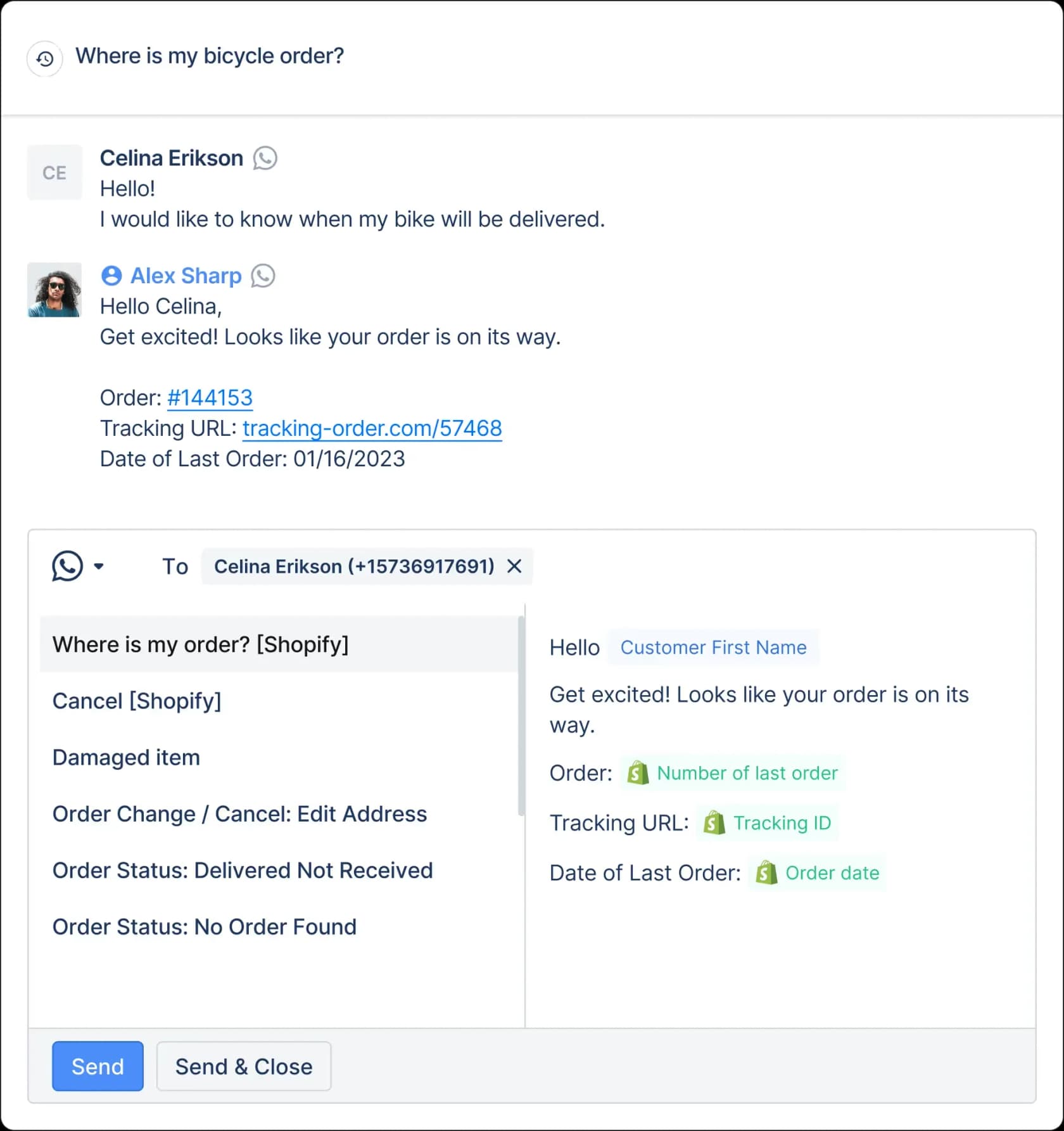 Gorgias WhatsApp ticket where an agent answers a where is my bicycle order question with the order number, tracking link and last order date filled in from Shopify macros, as taken from Gorgias