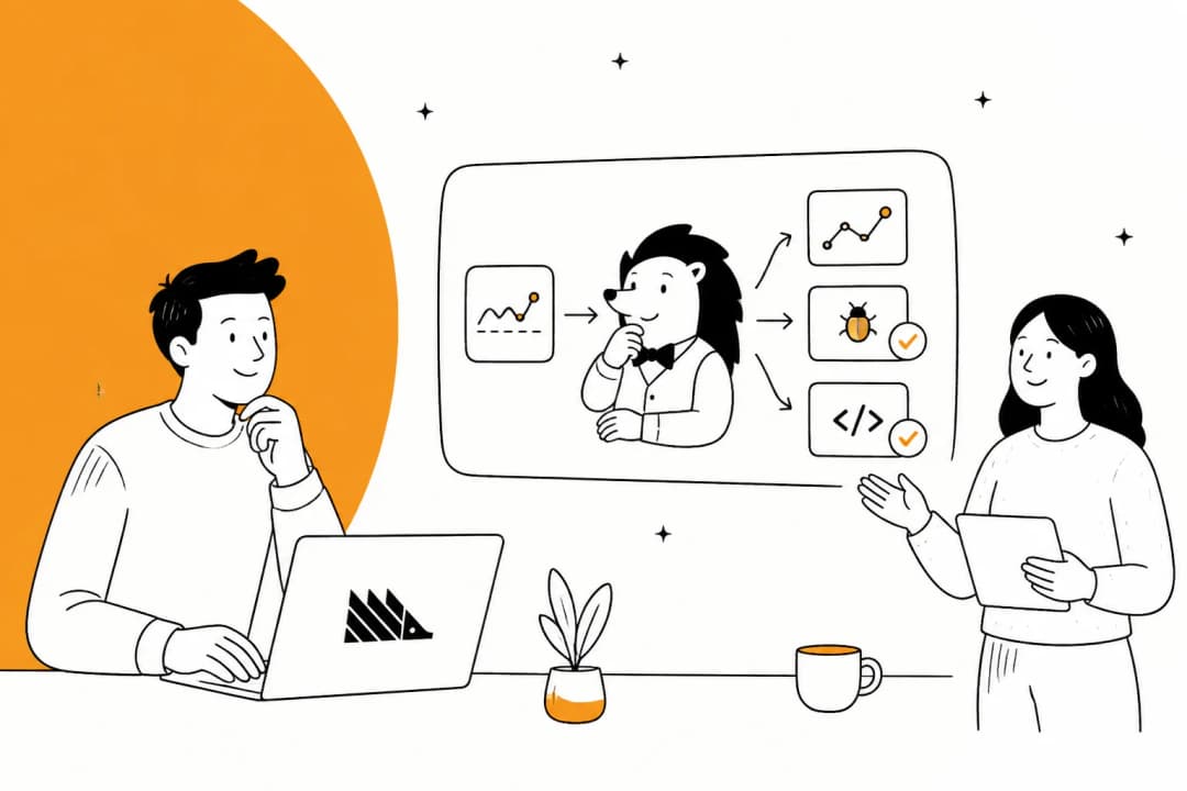 Hand-drawn hero banner in PostHog amber showing a hedgehog butler weighing inputs before picking an outcome, with two developers looking on