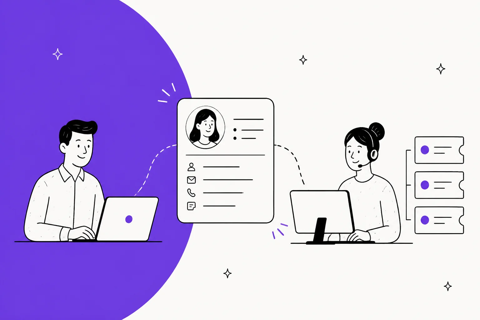 Illustration of a sales rep and a support agent working from one shared customer record, with a ticket queue on the right