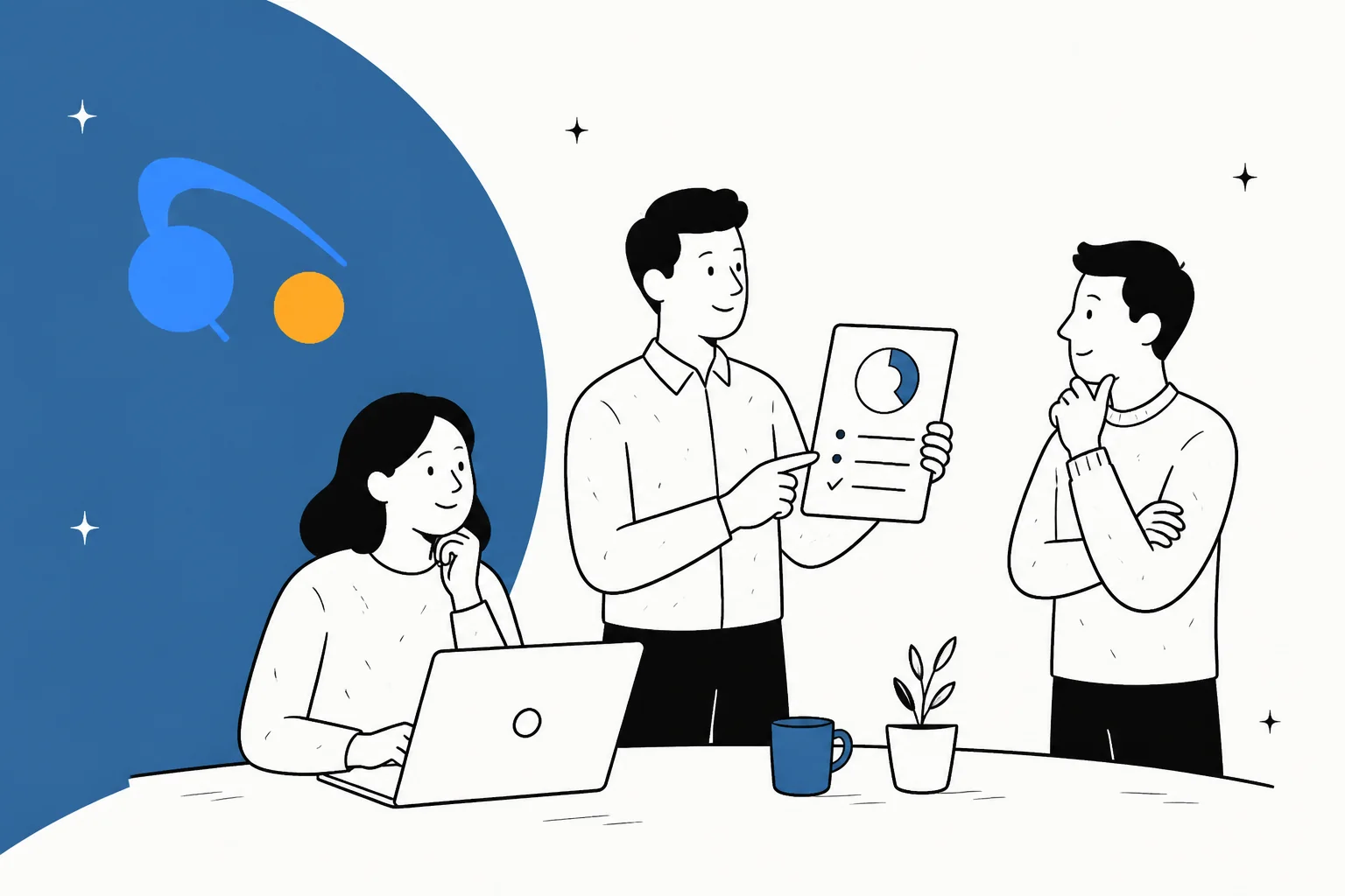 Three colleagues reviewing an IT service desk pricing breakdown together