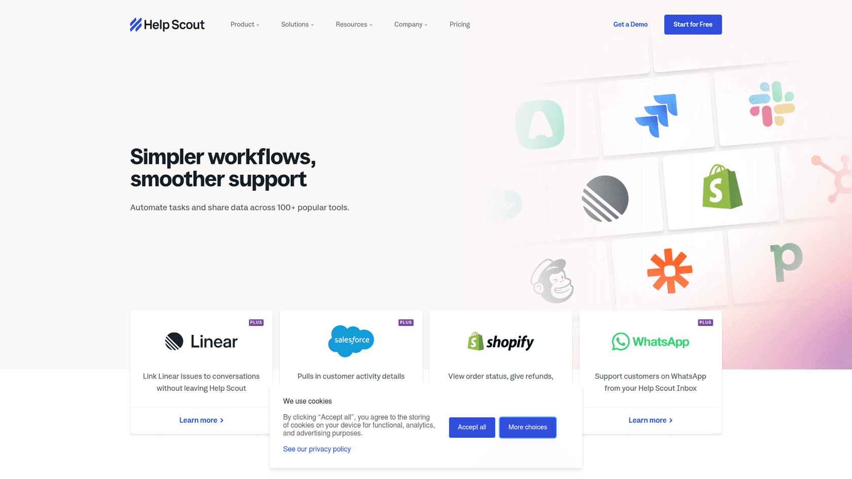 The Help Scout App Directory, showing pre-built integrations for tools like Linear, Salesforce, Shopify, and WhatsApp, as taken from Help Scout.