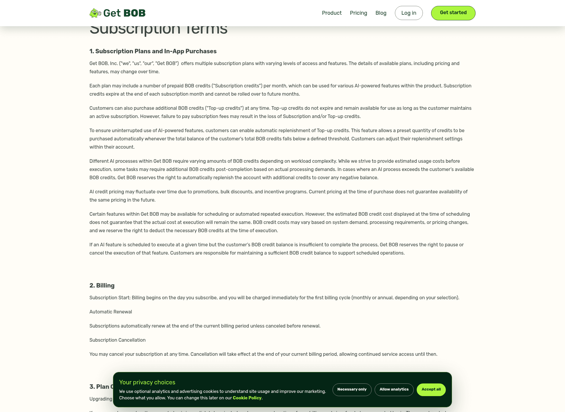 Get BOB's subscription terms describing prepaid BOB credits, monthly expiry, and variable credit costs per AI process, as taken from Get BOB