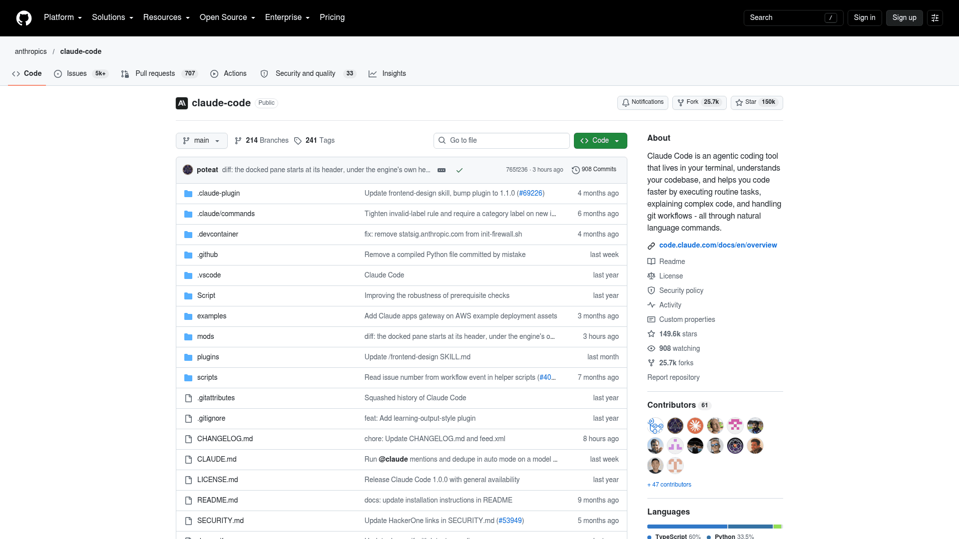 The anthropics/claude-code repository on GitHub, showing 150k stars, 25.7k forks and the description of Claude Code as an agentic coding tool that lives in your terminal, as taken from GitHub