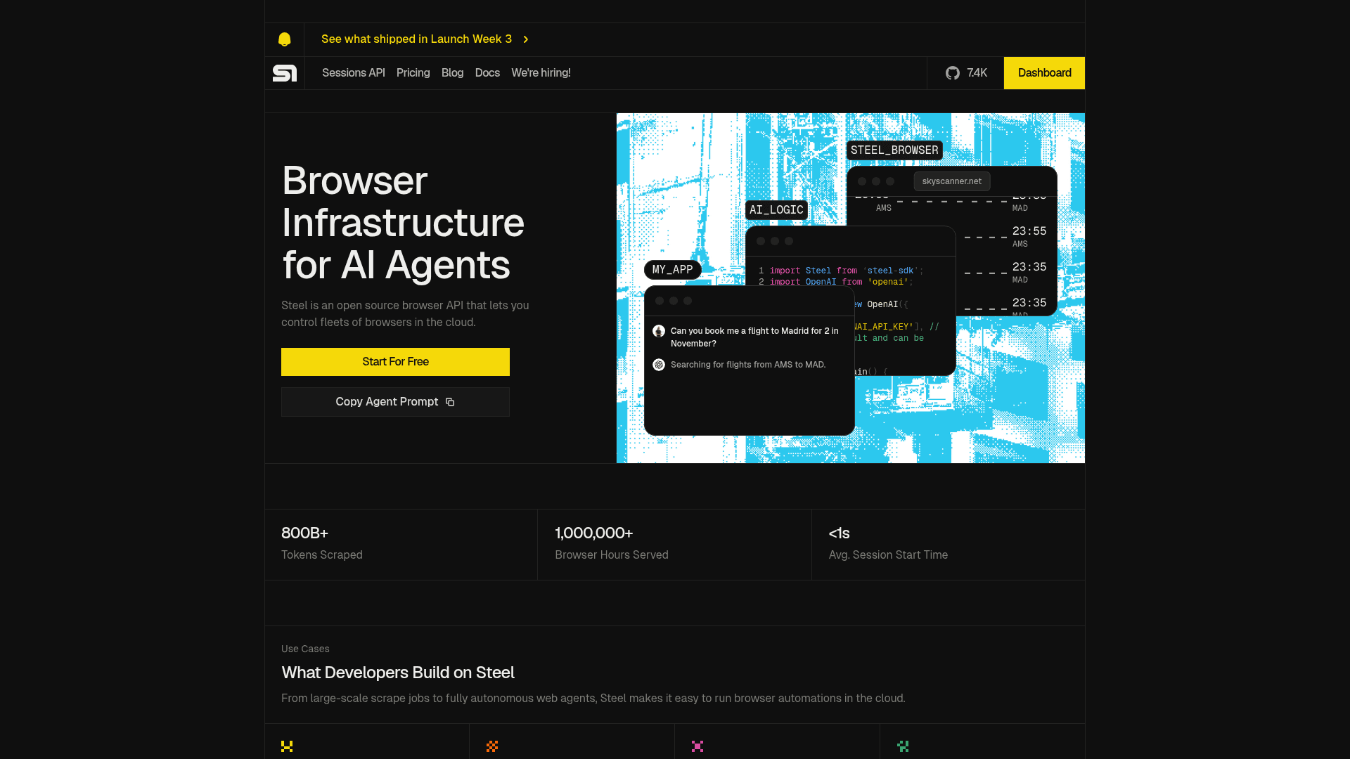 Steel homepage showing its open source browser API for AI agents, as taken from Steel