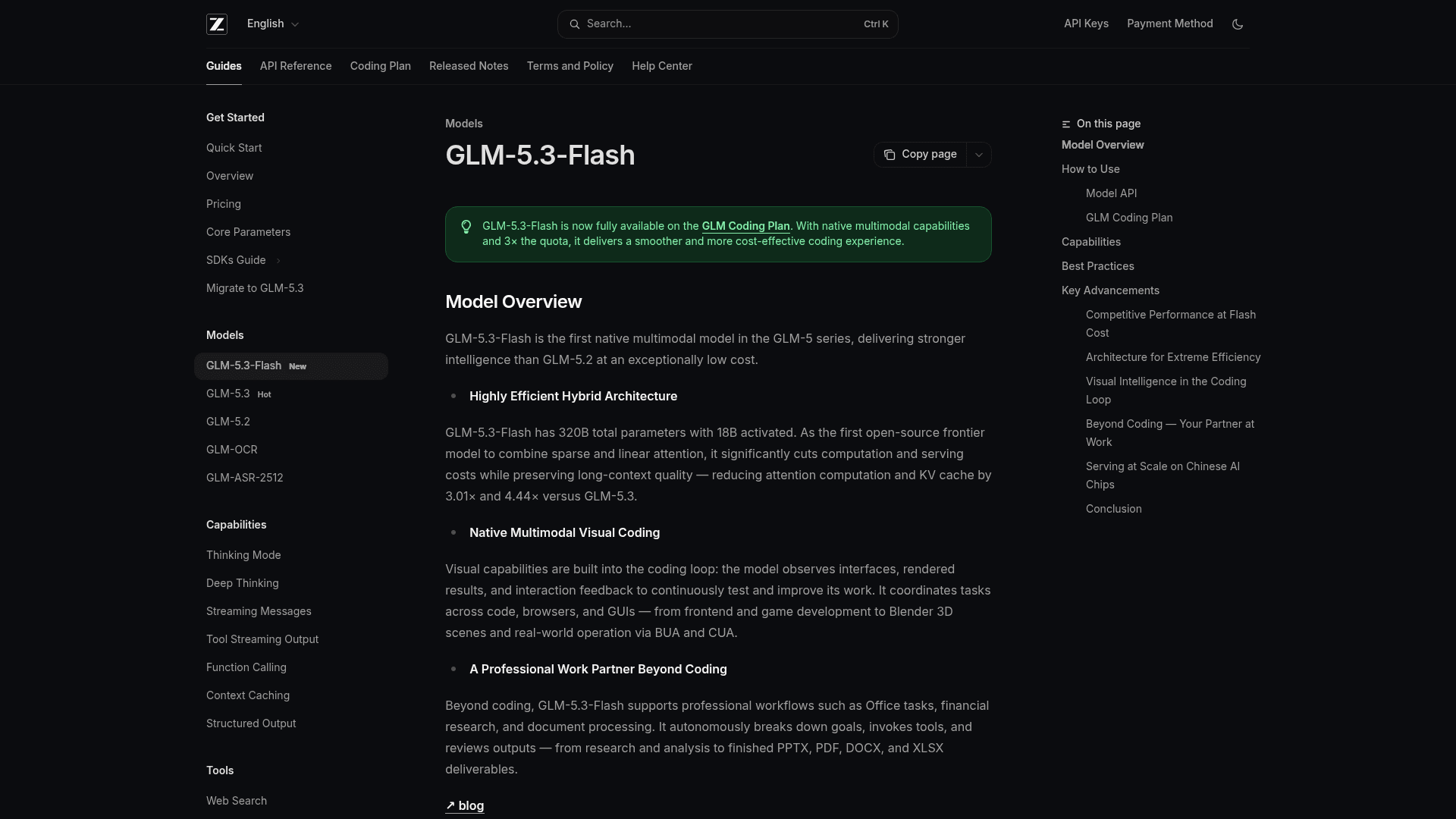 La página del modelo GLM-5.3-Flash en la documentación de Z.ai, que lo describe como el primer modelo multimodal nativo de la serie GLM-5